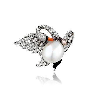 A Natural Pearl and Diamond Swan Brooch