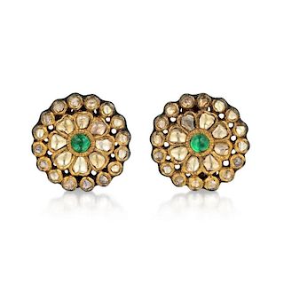A Pair of Diamond and Emerald Indian Earrings