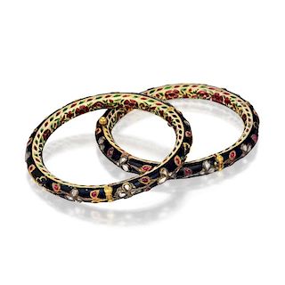 A Set of Diamond, Ruby and Enamel Indian Bangles