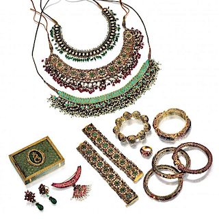 A Group of Plated Indian Jewelry and an Enamel Box