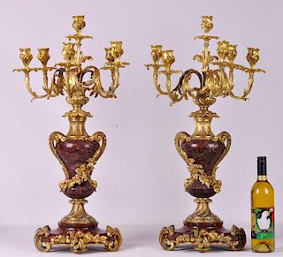 Pr. 19th C. French Rouge Marble and Bronze Candelabras
