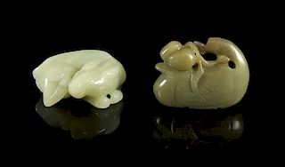 Two Carved Jade Toggles, Width of wider 2 inches.