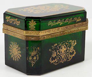 Green Glass Box with Gilt Decorative Designs