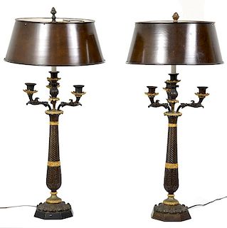 Pr. 19th C. Empire Bronze Candelabra Lamps
