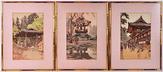 3 Japanese Wood Blocks in Faux Bamboo Frames