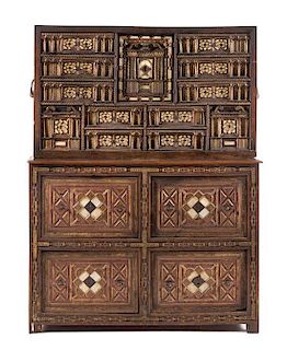 * A Spanish Painted, Parcel Gilt and Bone Inlaid Oak Vargueno Height 55 3/4 x width 42 3/4 x depth 17 1/2 inches.