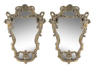 A Pair of Rococo Style Painted and Giltwood Mirrors Height 37 inches.