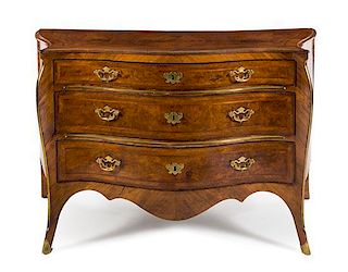 An Italian Brass Mounted Parquetry Commode Height 38 x width 59 x depth 27 inches.