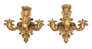 A Pair of Italian Giltwood Three-Light Sconces Height 17 1/2 inches.