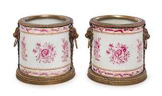 A Pair of Gilt Bronze Mounted Porcelain Jardinieres Height 9 3/4 inches.