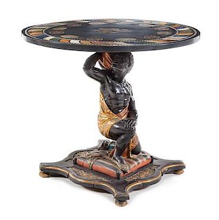 A Venetian Carved, Parcel Gilt and Mosaic Inset Figural Table Height of table 30 x diameter 35 1/2 inches.