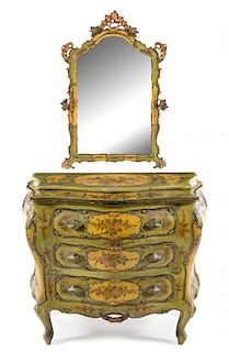 A Venetian Style Painted Commode and Mirror Height of commode 35 1/2 x width 43 1/2 x depth 21 inches.