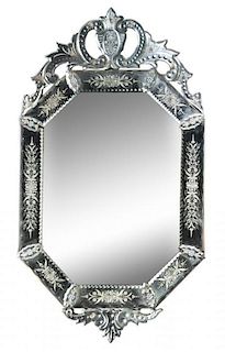 A Venetian Etched Glass Mirror Height 39 1/4 x width 22 1/4 inches.