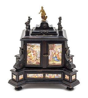 An Austrian Gilt Bronze Mounted Enameled and Ebonized Table Cabinet Height 11 1/4 x width 10 x depth 8 1/2 inches.
