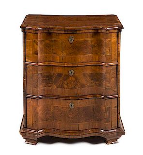 A Continental Chest of Burlwood Drawers Height 28 1/2 x width 24 1/2 x depth 15 3/4 inches.