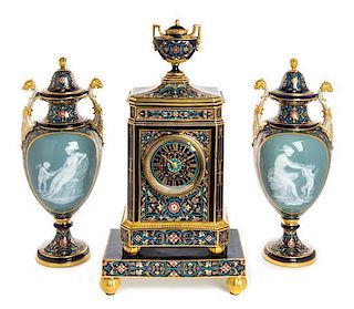 A Meissen Porcelain Pate-sur-Pate Four-Piece Clock Garniture Height of mantel clock with stand 19 7/8 inches.