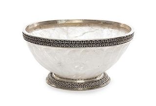 A Silvered Metal Mounted Carved Rock Crystal Center Bowl Diameter 17 1/2 inches.