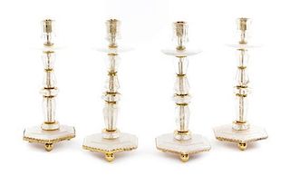 A Set of Four Gilt Metal Mounted Rock Crystal Candlesticks Height 16 inches.