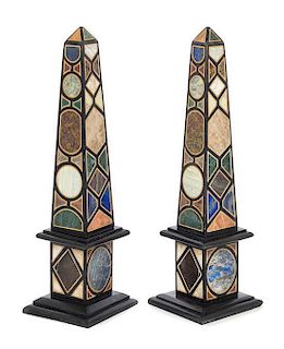 A Pair of Grand Tour Style Specimen Marble Obelisks Height 21 inches.