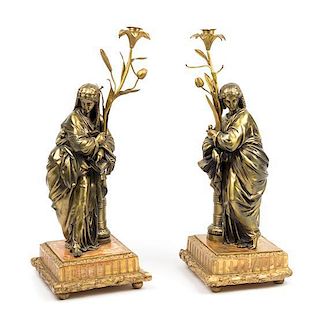 A Pair of Continental Gilt Bronze Figural Candlesticks Height 20 inches.