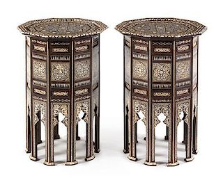 A Pair of Moorish Inlaid Side Tables Height 31 x width 18 inches.