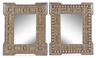 A Pair of Moorish Inlaid Mirrors Height 35 1/2 x width 29 1/2 inches.