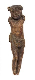 * A French Carved and Painted Wood Corpus Christi Height 9 3/4 inches.