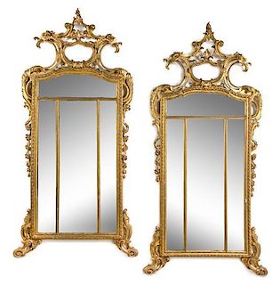 A Pair of Large Regence Style Giltwood Pier Mirrors Height 95 x width 46 1/2 inches.