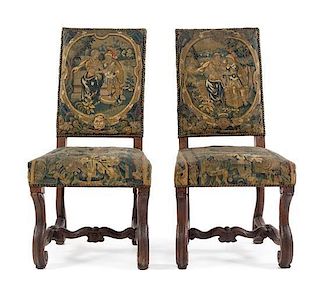 * A Pair of Louis XIV Walnut Side Chairs Height 42 1/2 inches.