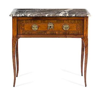 A Louis XV/XVI Transitional Parquetry Commode en Console Height 33 x width 34 7/8 x depth 14 3/4 inches.