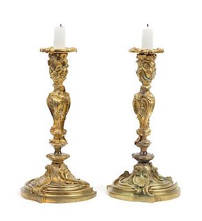 * A Pair of Louis XV Style Gilt Bronze Candlesticks Height 10 inches.