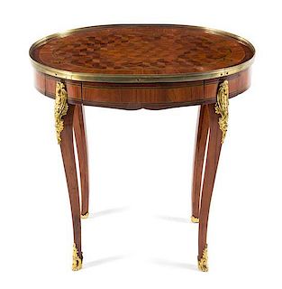 A Louis XV Style Gilt Metal Mounted Parquetry Side Table Height 25 x width 25 1/2 inches.