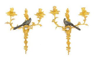 A Pair of Continental Gilt and Cold Painted Bronze Two-Light Sconces Height 15 1/2 inches.