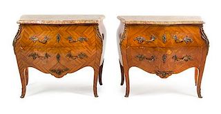 A Pair of Louis XV Style Marquetry Commodes Height 31 x width 36 1/2 x depth 18 inches.