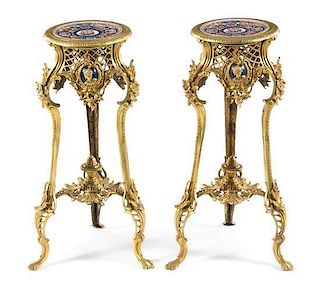 A Pair of Louis XV Style Gilt Bronze and Porcelain Inset Pedestals Height 29 1/2 inches.