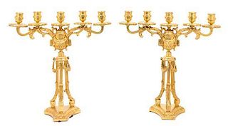 A Pair of Louis XVI Style Gilt Bronze Five-Light Candelabra Height 20 inches.