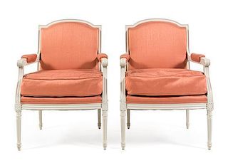 A Pair of Louis XVI Style Painted Fauteuils Height 38 1/2 inches.
