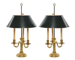 A Pair of Louis XVI Style Gilt Bronze Bouillotte Lamps Height 27 inches.
