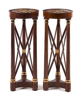 A Pair of Empire Style Specimen Marble and Mosaic Inset Mahogany Pedestals Height 37 1/8 x diameter 14 1/4 inches.