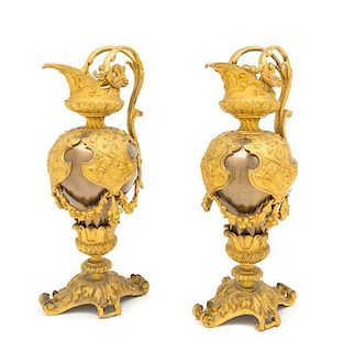 A Pair of Louis Philippe Style Gilt Bronze Mounted Ewers Height 12 1/2 inches.
