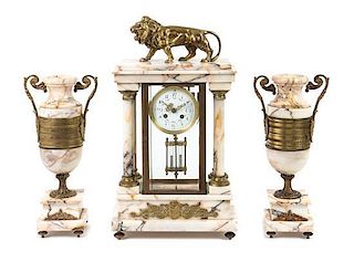 A Continental Gilt Bronze and Marble Clock Garniture Height of mantel clock 20 inches.