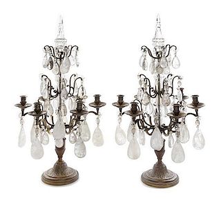 A Pair of French Bronze and Rock Crystal Six-Light Girandoles Height 28 1/4 inches.