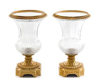 A Pair of Gilt Bronze Mounted Cut Glass Urns Height 13 1/4 inches.