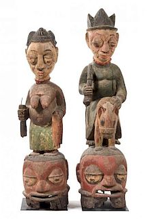 * Two Yoruba Wood Masks Height of taller example 43 1/4 inches.