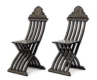 A Pair of Syrian Mother-of-Pearl Inlaid Ebonized Chairs Height 42 inches.