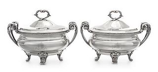 A Pair of George III Silver Sauce Tureens, Paul Storr, London, 1799, each domed lid having an addorsed foliate C-scroll finia