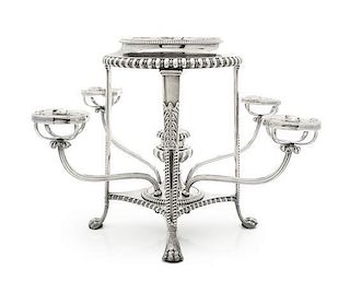 A George III Silver-Plate Epergne, Sheffield, Late 18th Century, with five clear cut glass bowls.