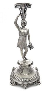 A Victorian Silver Centerpiece, Edward Barnard & Sons, London, 1871, the atlantid stem holding a grape bunch in one hand and 