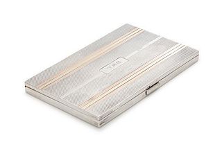 An English Silver and 14-Karat Gold Cigarette Case, Alfred Dunhill, London, the engine turned case having a rose and yellow g
