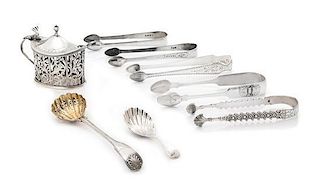 A Group of Seven English Silver Serving Articles, Various Makers, comprising five sugar tongs, a sugar spoon, a bon bon spoon